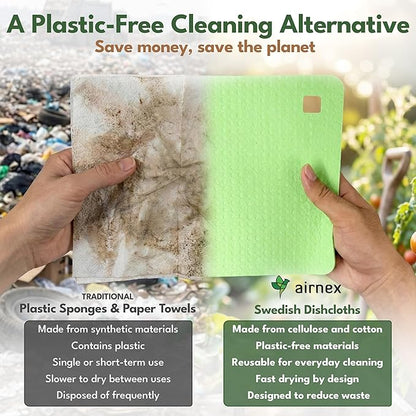 AIRNEX 10 Pack Cellulose Swedish Dishcloths for Kitchen - Eco-Concious Reusable Dish Towels & Cloths - Super Absorbent, Odor Resistant and Fast Drying Wash Cloths for Dishes & Surfaces