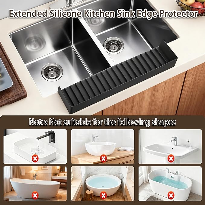 Silicone Sink Edge Protector with Suction Cup 4" x 24",Kitchen Sink Splash Guard for Kitchen, Bathroom Sink, Steel, Granite, Quartz Countertops,Multifuctional Sink Accessories (Black)