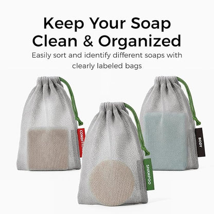 ZOMCHI Mesh Soap Saver Bags, Soap Holder Pouch for Shower, Body & Shampoo Bars, Travel Pouch Bag with Hanging Loop (3 Pack, Gray)