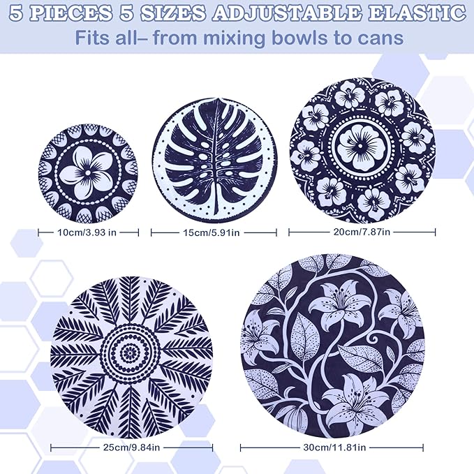 5-Size Reusable Beeswax Bowl Covers for Bread Proofing, Cotton Cloth Flexible Beeswax Wraps for Food Storage(Blue Lily)