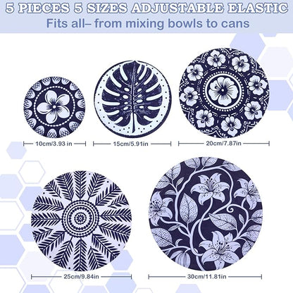 5-Size Reusable Beeswax Bowl Covers for Bread Proofing, Cotton Cloth Flexible Beeswax Wraps for Food Storage(Blue Lily)
