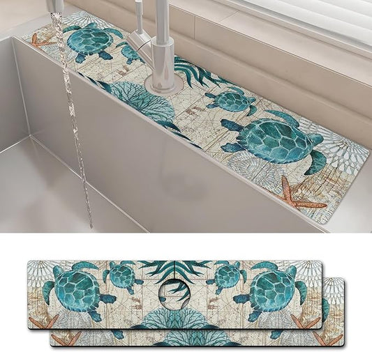 2PCS 24" X 5.5" Kitchen Sink Splash Guard Faucet Mat Sea Turtles Super Absorbent Fast Drying Faucet Guard & Draining Mat Sink Splash Guard Behind Faucet for Kitchen, Bathroom