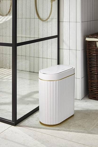 ELPHECO Bathroom Trash Can with Lid 2 Gallon Sensor Garbage Can, Automatic Trash Bin, Motion Sensor Trash Can, IPX5 Waterproof Plastic Wastebasket for Bathroom, Bedroom, Kitchen, Office, White Gold