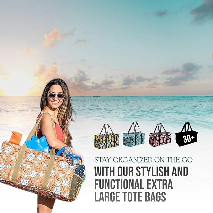 Extra Large Utility Tote Bag - Oversized Collapsible Reusable Wire Frame Rectangular Canvas Basket With Two Exterior Pockets For Beach, Pool, Laundry, Car Trunk, Storage - Turtle