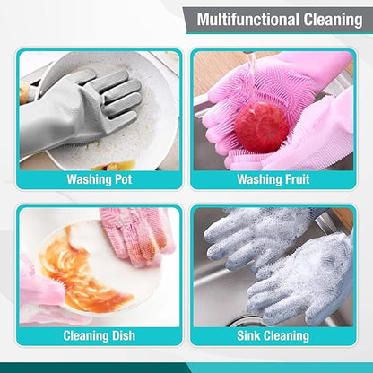 Silicone Scrubbing Gloves 12" Set of 3 Pairs for Kitchen, Bathroom, pet, Car Wash, Cleaning, Reusables