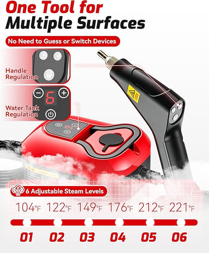 Handheld Steam Cleaner, 2500w Handheld High-Temperature Pressurized Steam Cleaner, 15s Fast Heating, 6-Level Adjustable Settings for Car, Kitchen, Bathroom, Furniture, Windows (Red-A)