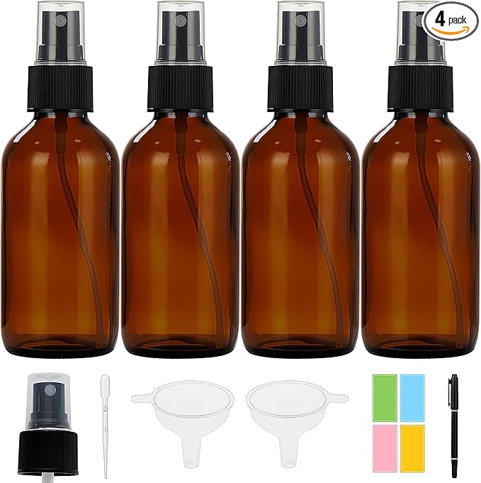 Dark Amber Glass Spray Bottles 4 oz, Small Glass Spray Bottles for Essential Oils, Fine Mist for Face, Hair, Plants, Travel, Perfumes, Cleaning Solutions - 4 Pack