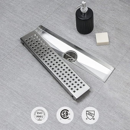 SaniteModar Shower Drain, 12 inch Linear Shower Drain with Removable Square Hole Panel, AISI 304 Stainless Steel Brushed Shower Floor Linear Drain with Adjustable Feet and Hair Strainer