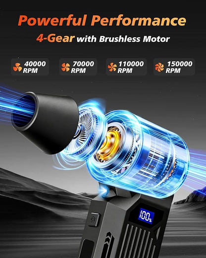 Compressed Air Duster, 150000RPM Super Power Electric Air Duster with Brushless Motor and LED Light, 4-Gear Rechargeable Air Blower, Cordless Turbo Fan for Computer, Car, Home, Outdoor