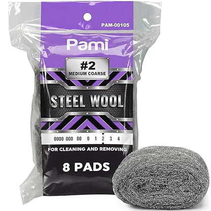 PAMI Pack of 8 Steel Wool Pads, Non Scratch Steel Scrubber for Dishes, Polishing Wool Sponge for Cleaning (#2 - Medium Coarse)