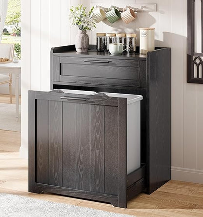 Jocoevol Pull Out Trash Can Cabinet, 2x13 Gallon Hidden Garbage Recycling Bin with Drawer, Freestanding Wooden Kitchen Trash can & Laundry Hamper Cabinet, Pet Proof Waste Bin for Living Room, Black