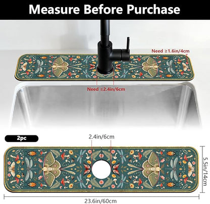 2 Pcs Kitchen Sink Splash Guard Faucet Mat Vintage Green Insects and Plants Faucet Mat for Sinks Absorbing Drying Mats for Kitchen Bathroom, 23.6x5.5inch