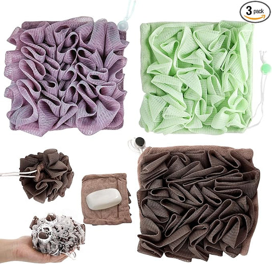 3 Pcs Soap Bar Loofah, 2 in 1 Bar Soap Loofah Pouch Can Hold Soap Effective Exfoliation for Bathing (Green+ Coffee Brown+ Purple)