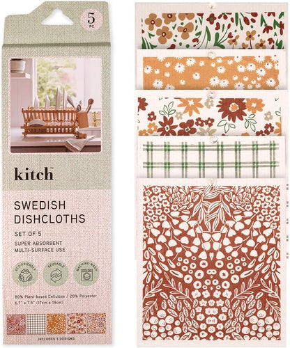 Swedish Dishcloths, Vintage Plant-Based Cellulose, 6.7x7.5 Inch, Super Absorbent, Multi-Surface, Machine Washable, Reusable, 5 Pack (Rust Green Burgundy)
