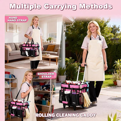 Cleaning Caddy with Wheels, Rolling Cleaning Supplies Organizer with Bottom Board, Dividers & Shoulder Strap, Portable Utility Tote with Small Trolley, Rose Pink