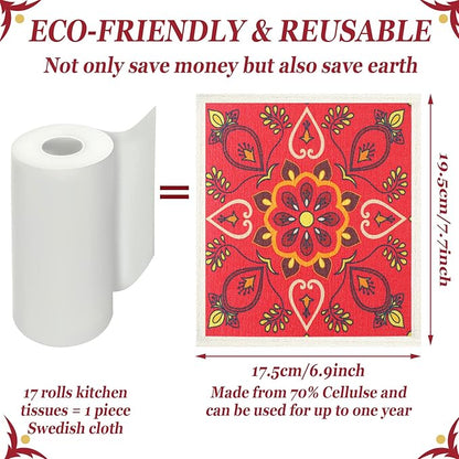 WILLBOND 9 Pack Swedish Kitchen Dishcloths Reusable Absorbent Hand Towels Sponge Cloth for Baking Cooking Home Decoration Kitchen Holiday Red Christmas Xmas Gift