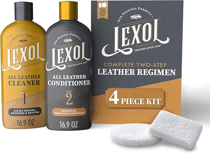 Lexol Leather Cleaner and Conditioner Kit for Furniture, Car Interiors, Shoes, Handbags. Includes 2 Application Sponges. Two-Step System 16 oz Each for Smooth Soft Leather Care and Shine Boosting