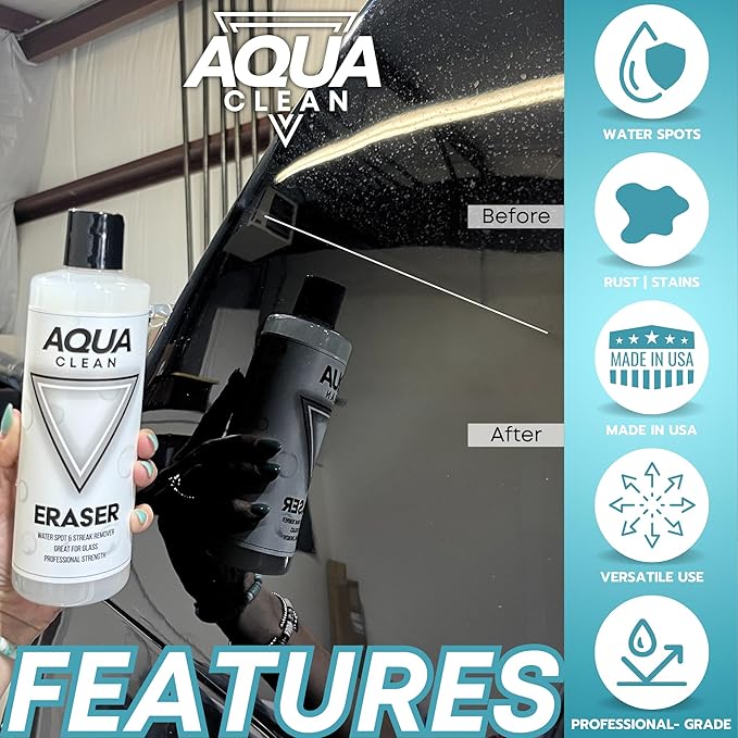 AquaClean ERASER: Professional-Grade Hard Water Spot Remover - Stubborn Stains, Mineral Deposits, and Calcium Buildup - Restore Shine and Clarity - 16oz Bottle