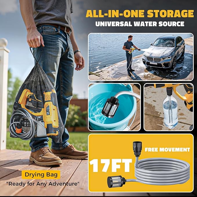 Ecarke Portable Car Cleaning Tool Compatible with Dewalt 20V Battery, 6-in-1 Nozzle & Foam Cannon, 3-Speed Adjustment, 5m Hose, Brushless Motor for Car Floor, Patio, Fence(Tool ONLY, NO Battery)