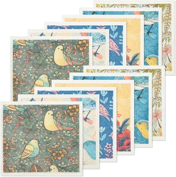 12Pcs Swedish Dishcloths for Kitchen, Quick-Drying Reusable Paper Towels, Absorbent Washable Kitchen Dish Rags, Soft Cellulose Sponge Cloths for Countertop Sink Flower Bird (12pcs Birds)