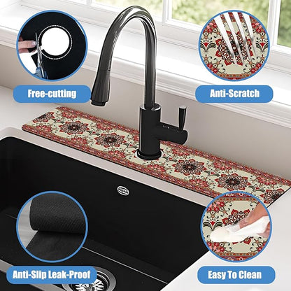 Sink Faucet Absorbing Mat Red Retro Boho Sink Splash Guard Drying Mat for Kitchen Bathroom Faucet Sinkmat 23.5"X5.5"