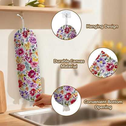 Plastic Bag Holder Dispenser, Plastic Grocery Bag Organizer & Wall Mount Paper Trash Bags Saver Storage for Kitchen Home Pantry Decor, Colorful Floral Kitchen Decor Shopping Bags Storage Dispenser