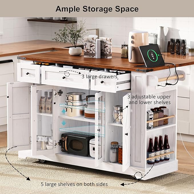 53" Farmhouse Kitchen Island with 2 Tempered Glass Cabinet Doors, Power Outlet, Rolling Kitchen Cart on Wheels with Drop Leaf, 5 Open Side Racks, 3 Drawers, for Kitchen, White