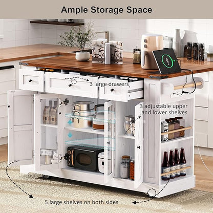 53" Farmhouse Kitchen Island with 2 Tempered Glass Cabinet Doors, Power Outlet, Rolling Kitchen Cart on Wheels with Drop Leaf, 5 Open Side Racks, 3 Drawers, for Kitchen, White