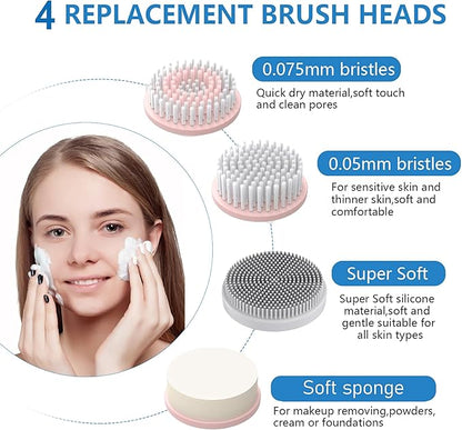 Facial Cleansing Brush, 2 in 1 Ｗaterproof IPx7 Facial Spin Scrubber Set with 4 Brush Heads, Rechargeable Exfoliating Face Brush Deep Cleansing, Gently Exfoliate and Remove Blackhead (Pink)