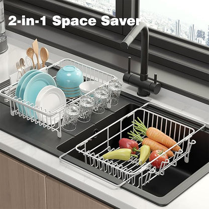 Dish Drying Rack in Sink: Expandable, 3-Slot Utensil Holder, Anti-Slip Handle. Small Dish Rack: Ideal for Small Households. Kitchen Drying Rack: White