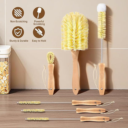 Bottle Brush Set - 6 Pack Sisal Bristle Natural Bottle Brush, All in One Bottle and Straw Brush Cleaning Set for Water Bottles, Glasses, Cups and Lid