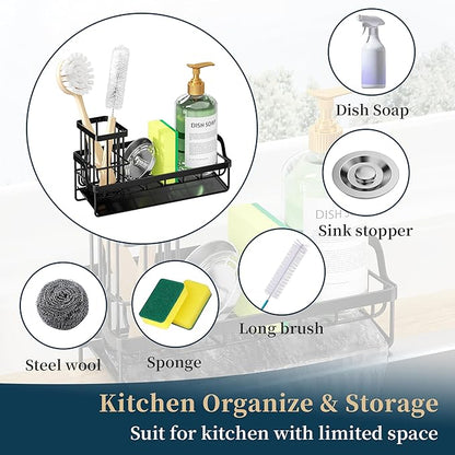 Consumest Sponge Holder for Kitchen Sink - Sink Caddy with Stainless Steel Self Drain Tray, Sink Organizer with High Brush Holder Countertop for Kitchen Sink Accessories, Black