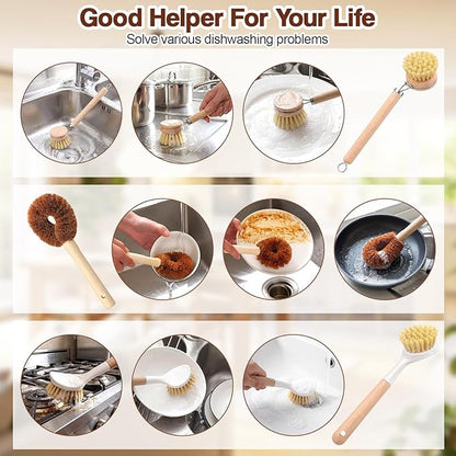 Sliner 14 Pcs Bamboo Dish Brush Set, Wooden Dish Brush with Long Handle Sisal and Palm Fiber Natural Wooden Kitchen Sponge for Pots Pans Bottle Sink Vegetables Household Cleaning
