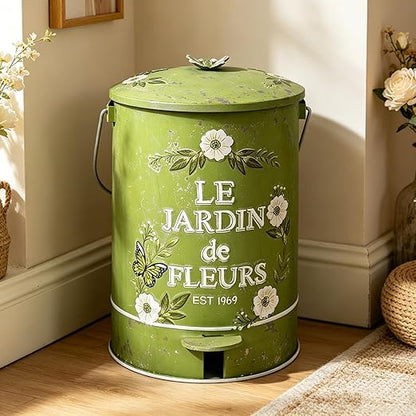 Rustic Farmhouse Decor Trash Can with Lid and Pedal Retro Handmade Distressed Design Pattern Round Garbage Cans Recycling Waste Bin for Home Patio Yard Bathroom Kitchen Garden Living Room Green