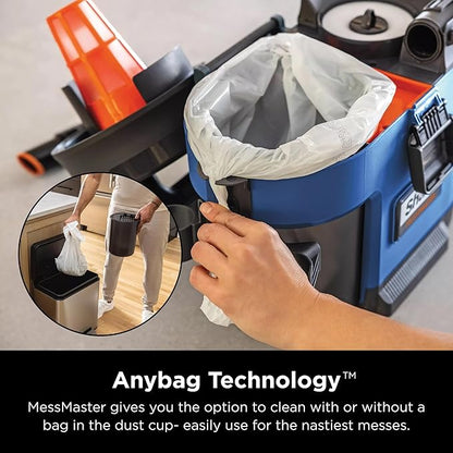 SHARK VS105 MessMaster Portable Wet Dry Vacuum, Small Shop Vac, 1 Gallon Capacity, Corded, Perfect for Pets & Cars, AnyBag Tech, Self-Cleaning, for Tough Wet & Dry Messes, Light Blue (Renewed)
