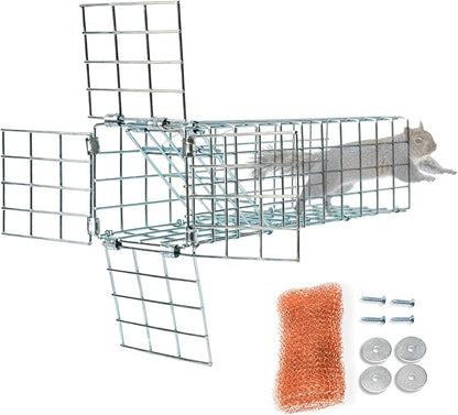 Excluder One Way Squirrel and Rodent Trap - Control Mice, Rats, Bats, Squirrels and More - Fine Copper Mesh Wool Included To Seal Hole- Better than Steel Wool - Good for Attic Door (3 x 3 Opening)