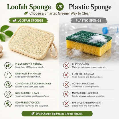 Natural Loofah Dish Scrubber Sponges, 6 Pack Large Plant-Based Kitchen Cleaning Pads, Compostable Non-Scratch Scouring Sponge for Dishes, Sink, Grout and Tile, 4.4 x 2.8 in
