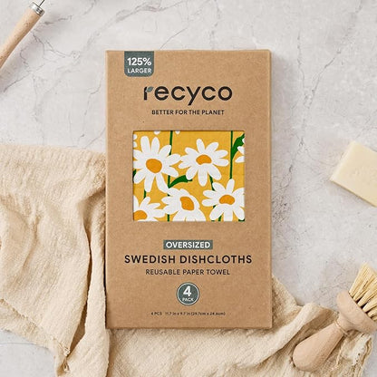 RECYCO Swedish Dishcloths for Kitchen | 4 Pack Oversized Washable Dish Rags | Large Cellulose Reusable Cleaning Paper Towels | Absorbent Counter Dish Cloth Sponge XL Kitchen Wipes, 12" L x 10" W