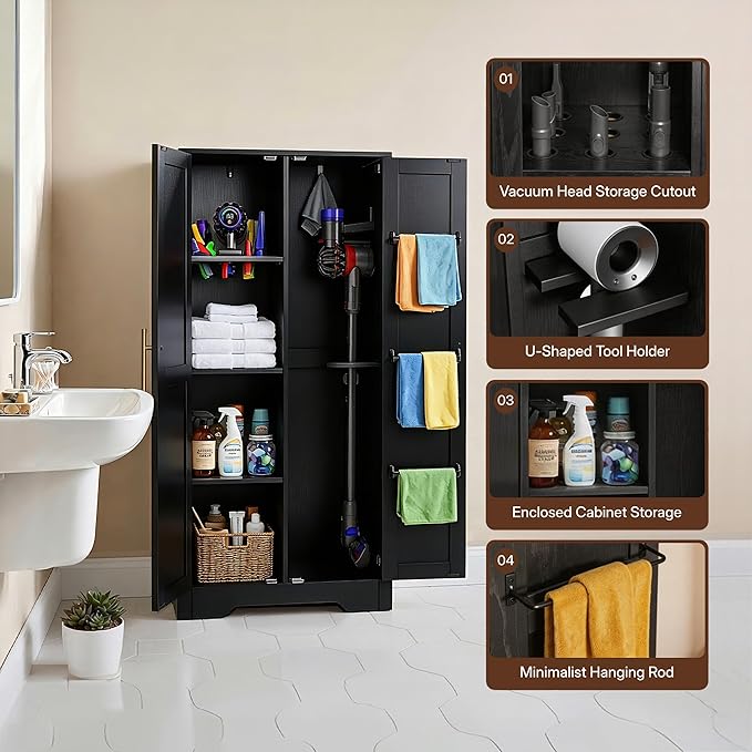 NORTHSKY Wooden Storage Cabinet, Broom Closet & Vacuum Cleaner Storage Compatible with Dyson Vacuum, Utility Cabinet for Brooms and Mops, Cleaning Tool Cabinet w/Doors for Garage, Office, Home (Black)