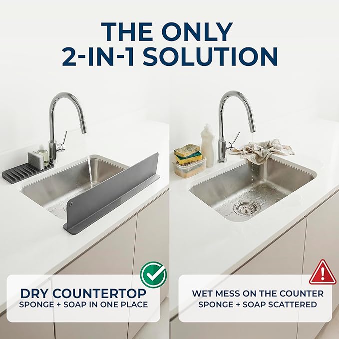 Silicone Sink Splash Guard 17.3" with Suction Cups + Bonus - For Sink Area - Keep Counters Dry & Protect Clothes from Water Splashes for Kitchen, Bathroom, Laundry