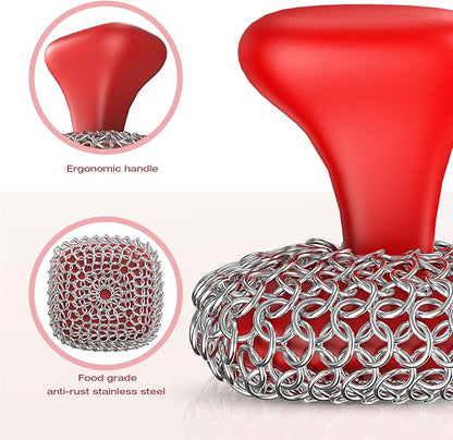 Cast Iron Scrubber | Dish Scrub Brush | 316 Cast Iron Cleaner Chainmail Scrubber for Pan Skillet Cleaner - Dish Scouring Pad Dishwasher Safe Cleaning Kit, Red