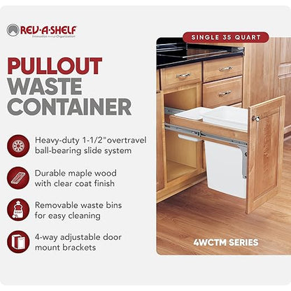 Rev-A-Shelf 35 Qt Top Mount Single Pullout Under Cabinet Kitchen Trash Cans for Base Cabinets, 150 Pound Rated Full-Extension Slides, Min Opening Width of 12", White, 4WCTM-12DM1