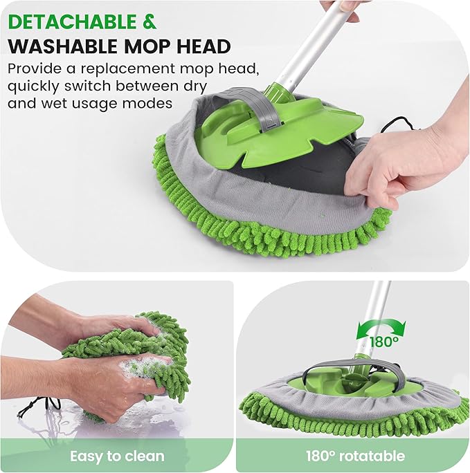 Car Wash Brush with Long Handle, 62'' Car Wash Mop, 7Pcs Chenille Microfiber Cars Washing Kit with Window Squeegee/Microfiber Towels /Wheel Brush for Cars RV Truck Boat Floor Window, Green