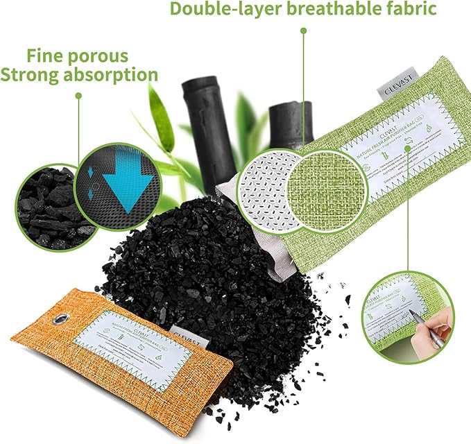 CLEVAST Activated Bamboo Charcoal Odor Absorber - 6 x 60g Air Purifying Bags Natural Fresh, Deodorizer and Moisture Eliminator for Home, Closet, Shoes, Car Air freshener, Multicolor