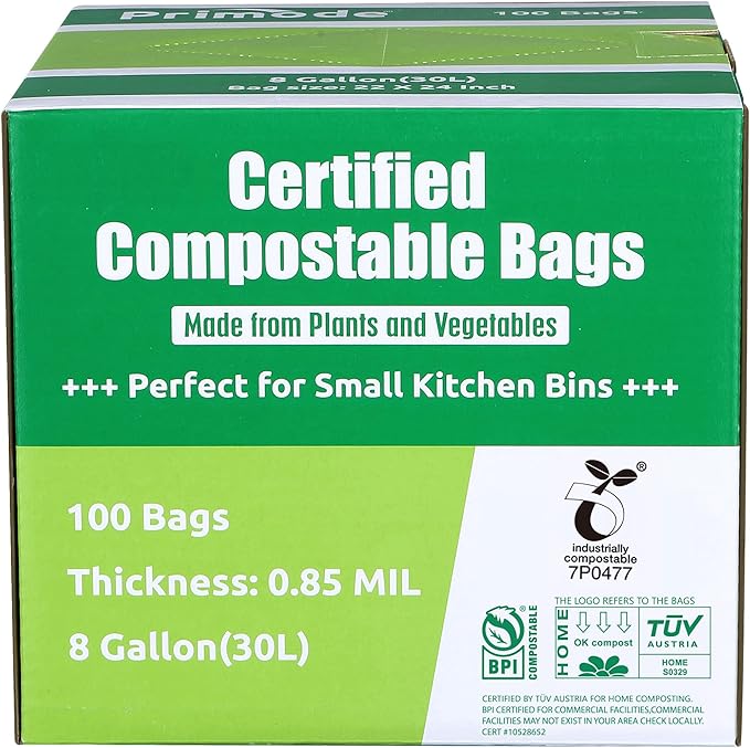 Compostable Bags, 8 Gallon (30L) Food Scraps Yard Waste Bags, 100 Count, Extra Thick 0.85 Mil. ASTM D6400 Compost Bags Small Kitchen Trash Bags, Certified by BPI & TÜV AUSTRIA