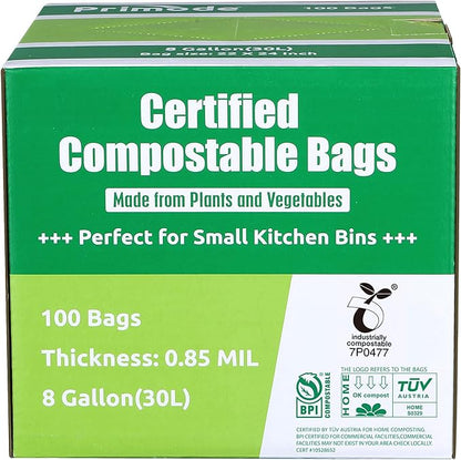 Compostable Bags, 8 Gallon (30L) Food Scraps Yard Waste Bags, 100 Count, Extra Thick 0.85 Mil. ASTM D6400 Compost Bags Small Kitchen Trash Bags, Certified by BPI & TÜV AUSTRIA