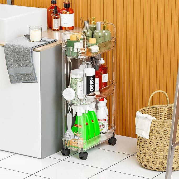Yieach 3 Tier Rolling Cart with Wheels,Clear Narrow Bathroom Rack Organizer,Slim Storage Cart,Three Tier Thin Shelf and Narrow Rolling Utility Cart for Small Space Shelf,Dorm Room,Kitchen,Laundry