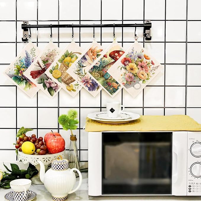 Spring Flowers Bird Swedish Dish Cloths - 6 Pack Reusable Compostable Kitchen Cloth, Cellulose Sponge Dish Towel Set