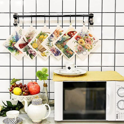 Spring Flowers Bird Swedish Dish Cloths - 6 Pack Reusable Compostable Kitchen Cloth, Cellulose Sponge Dish Towel Set