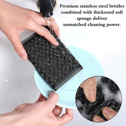 6 Pack Steel Wool Scrubber Sponges, Heavy Duty Stainless Steel Scouring Pads Reusable Non Scratch Kitchen Metal Sponges Cleaning Tool for Pots and Pans Tough Grease & Grime (Black, Diamond Pattern)